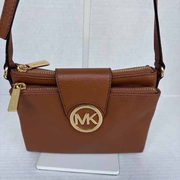 Michael Kors Fulton Luggage Brown Pebbled Leather Triple Gusset Crossbody Bag